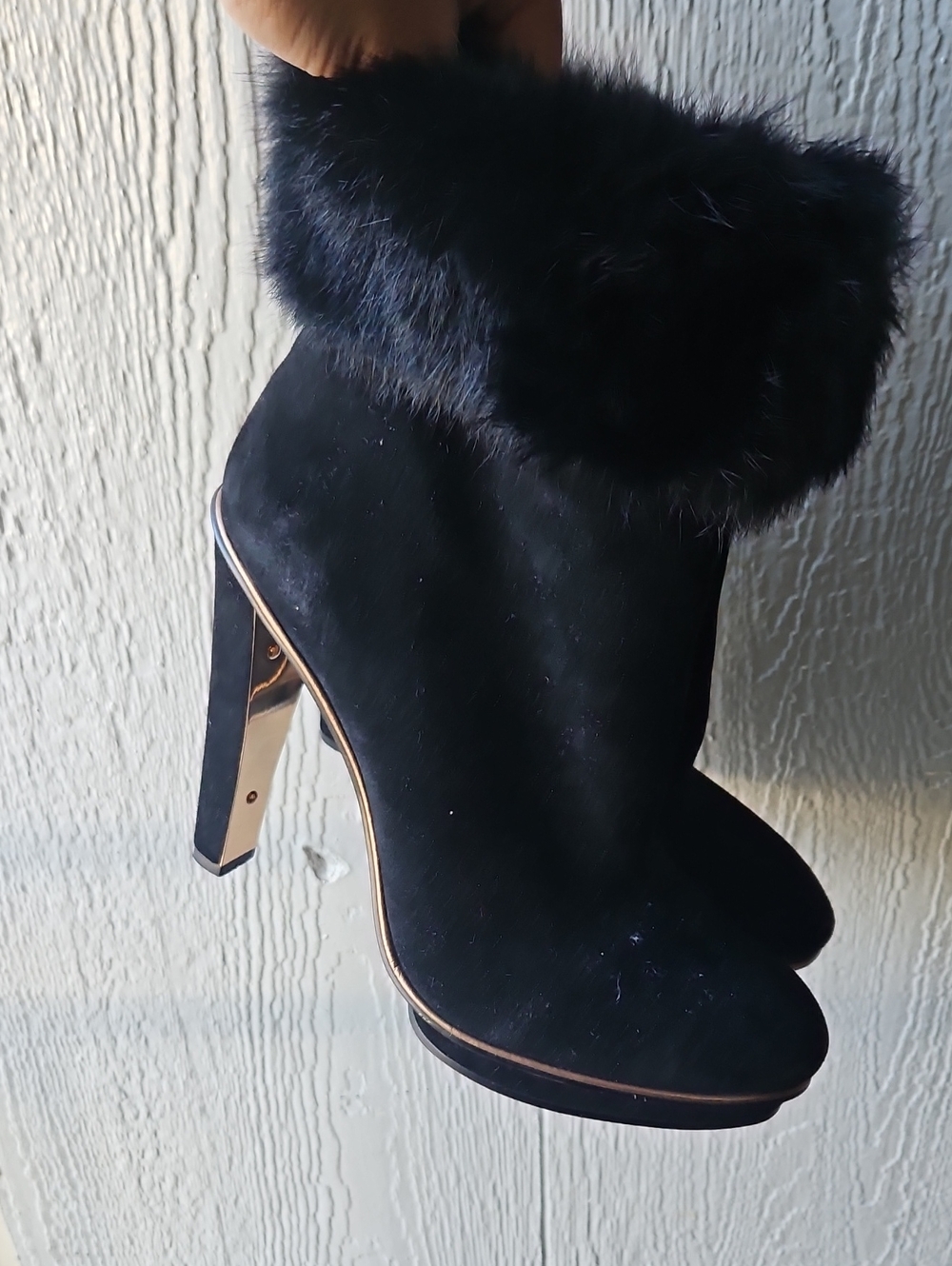 BCBGMaxAzria Black Faux Fur Trim High Heel Ankle Boots